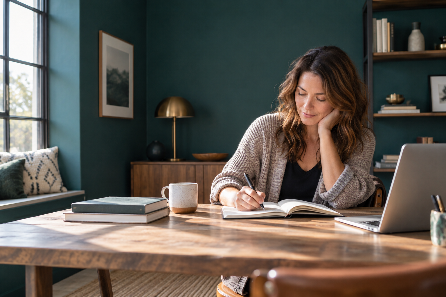 A woman making time to plan in her notebook at a sunlit desk